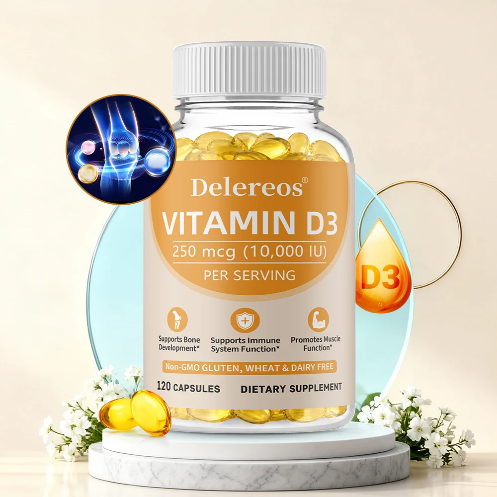 

Vitamin D3 Capsules 10000 IU, Promote Calcium Absorption, Support Bone Teeth Muscle & Immune Health, Gluten Free Non-GMO