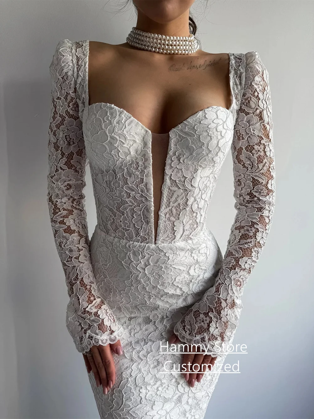 Koronkowa suknia ślubna syrena, szyta na miarę, długie rękawy, dekolt w serce, tren zamiatający, suknia ślubna w stylu saudyjskim, Vestido De Noiva