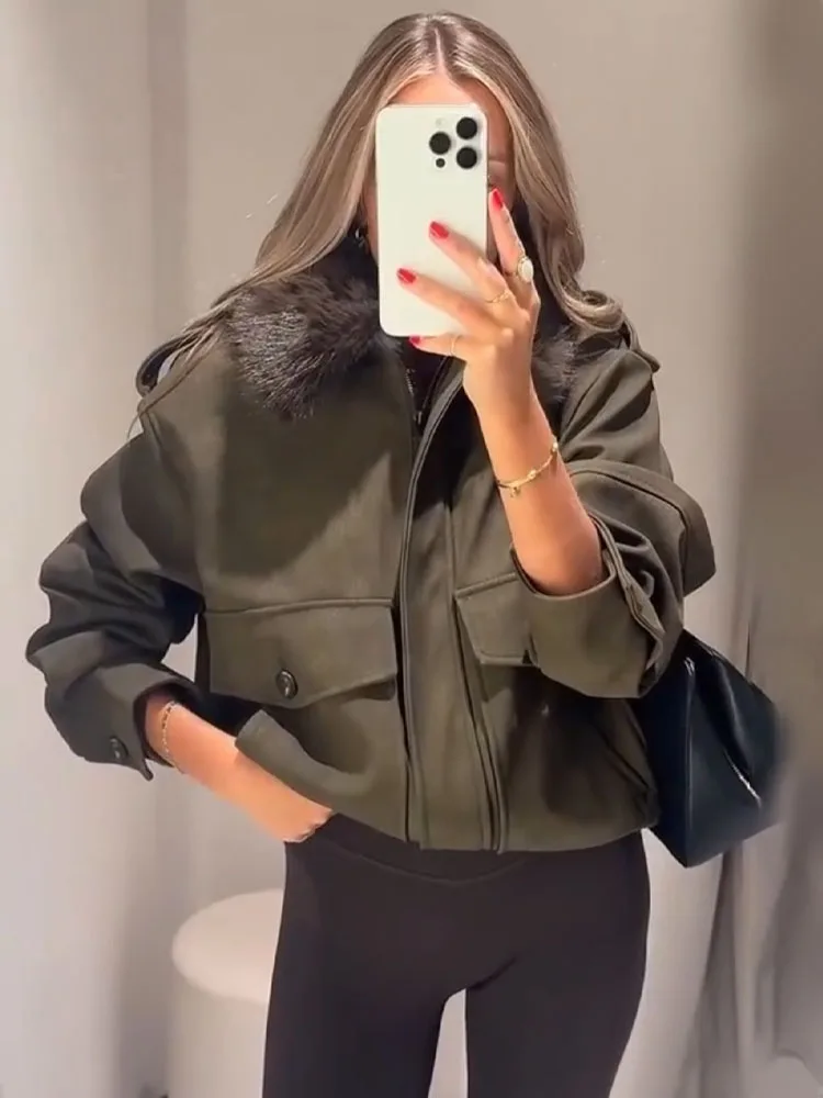 HH Women Winter Long Sleeve Pocket Zipper Buttons Decoration Coat Female Fashion Faux Fur Removable Collar Casual Loose Jacket