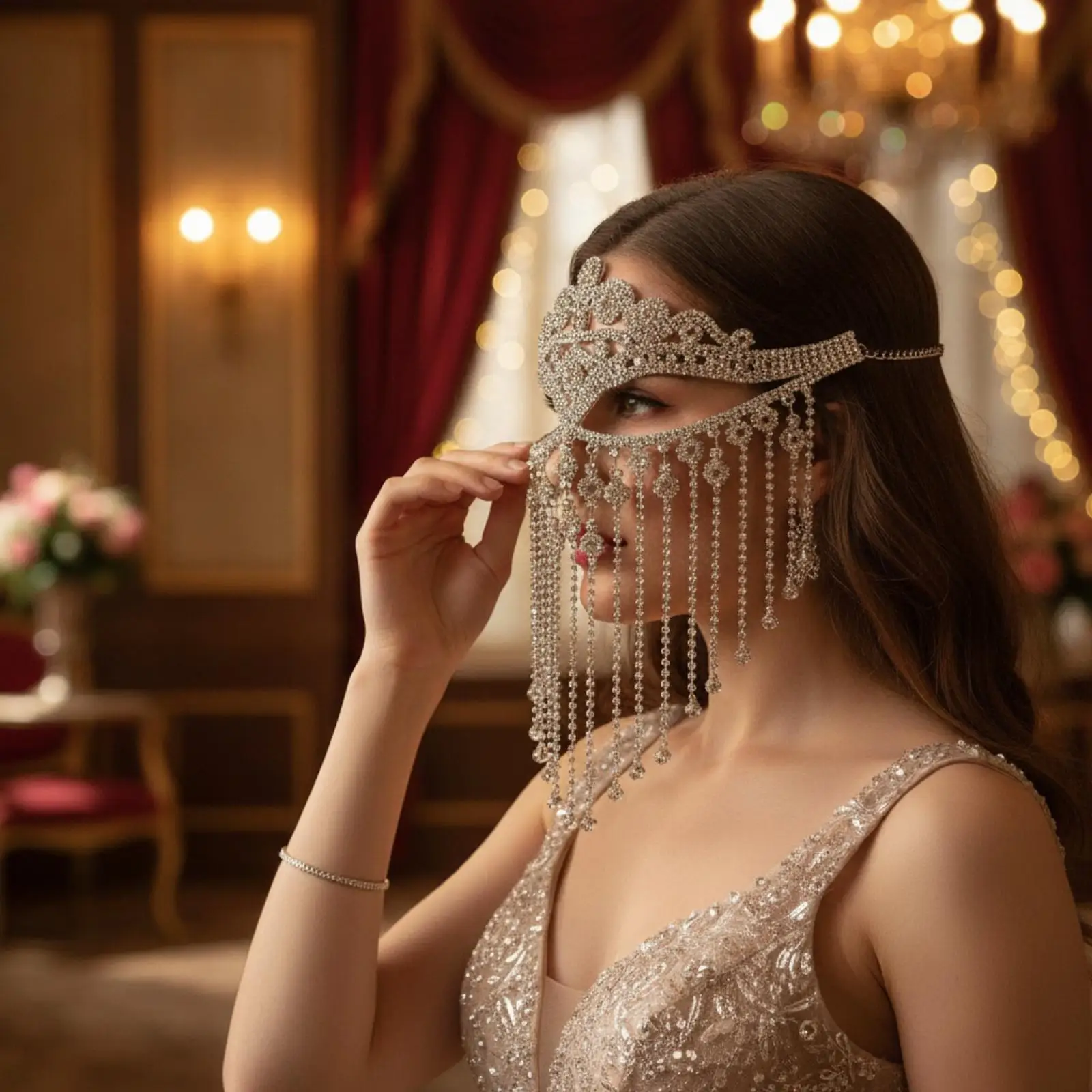 Boho Style Copper Rhinestone Face Veil Mask for Dance Stage Show Masquerade Party Accessory