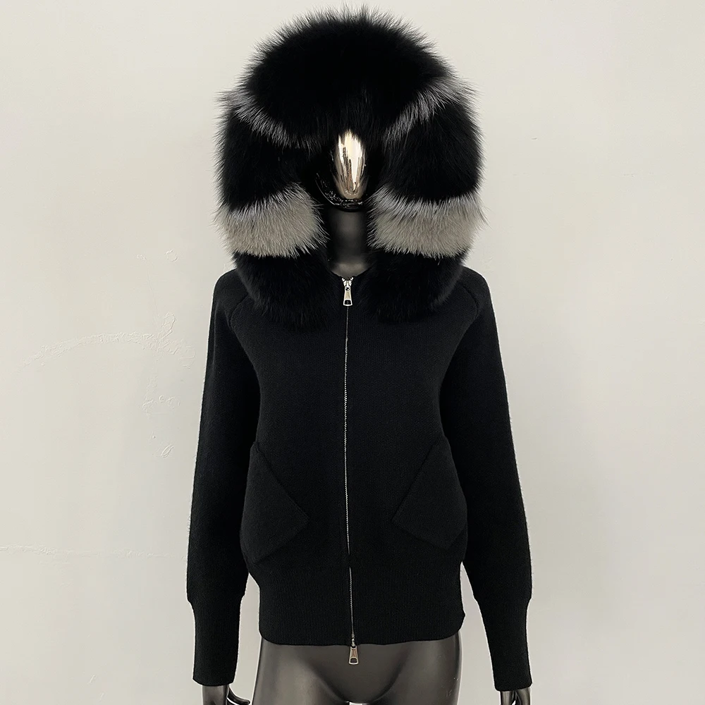 OFTBUY Real Fox Fur Collar Short Cardigan Fashion Autumn Winter Clothes Female Hooded Big Knitted Jacket Natural Fur Coat Women