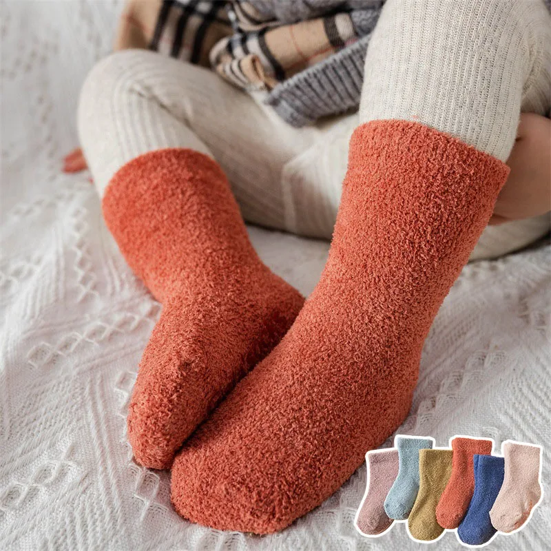 

Thick Plush Newborn Socks Winter Warm Newborn Footwear Rubber Non-slip Toddler Floor Soled Solid Color Lamb Fleece Sokken Sox