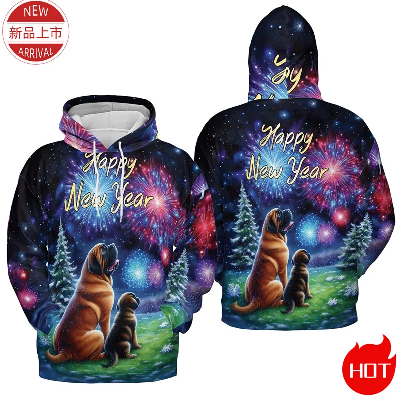 2025 Happy New Year 3D Printed Hoodies Firework Cute Pull Terrier Corgi Graphic Hooded Hoody Fashion Streetwear Mens Pullovers