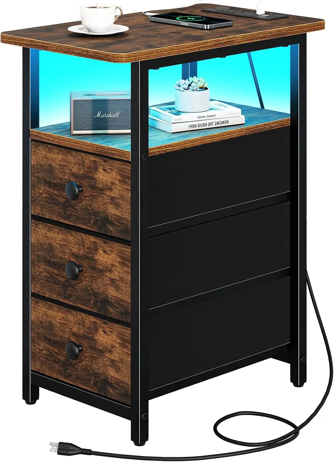 

End Table with Charging Station, LED Narrow Side Table Bedside Table, Small Night Stand End Tables Living Room, Skinny Nights