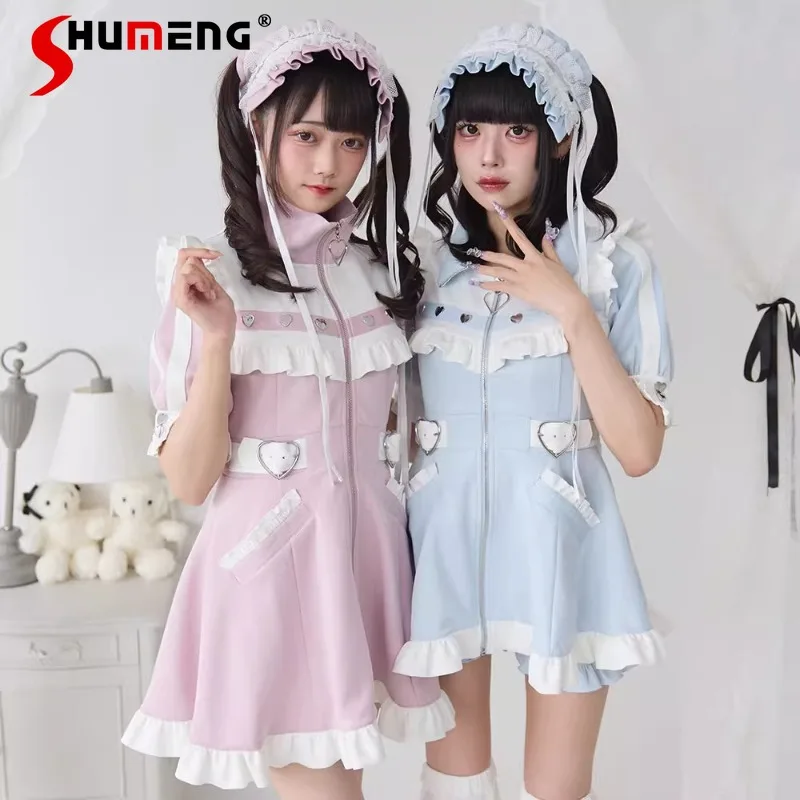 

Japanese Summer Dress Waist Slimming Heavy Industry Stringy Selvedge Vestido Short Sleeves Lolita Retro Long Upper Outer Clothes