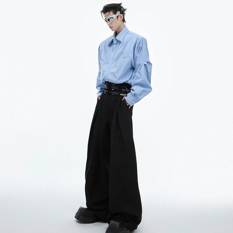 FEWQ Draping Pleated Waist Belt Design Pants Advanced Loose High Waist Straight Leg Casual 2024 Darkwear Male Trousers 24X9228