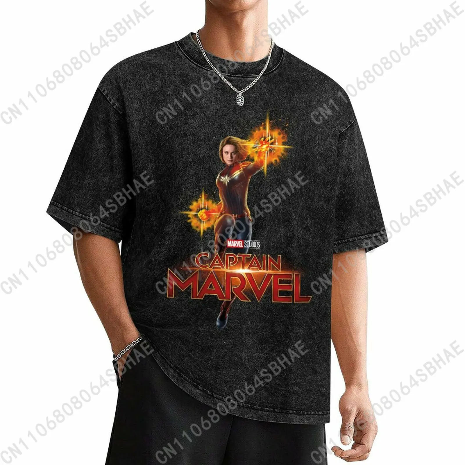 

Marvel Captain Marvel Custom Mens Vintage T Shirt Washed Distressed Tee Men Retro Short Sleeve Personalized Cotton Shirt Cosplay