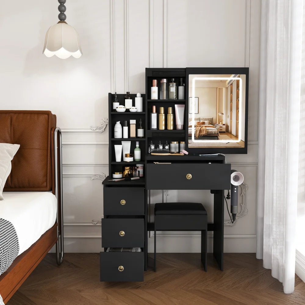 Orraves Modern Vanity Desk, Featuring 3 Modes of LED Lighting with Adjustable Brightness, with 4 Drawers and Multiple Open Storage Shelves, with a Hair Dryer Holder and Power Socket, a Dressing Chair. Black