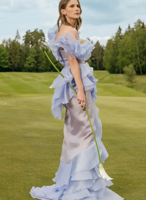 Charmoso babados sereia vestidos de baile fora do ombro em camadas alta baixa vestidos de noite até o chão vestido de festa formal