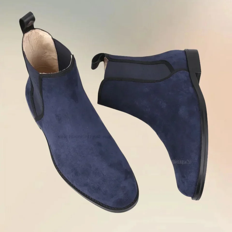 Botas Chelsea Slip On Azuis em Couro Sintético, Estilo Britânico, Sapatos Masculinos Modernos, Confortáveis, Feitos à Mão, Estilo Clássico, Sapatos Casuais Masculinos para Festas