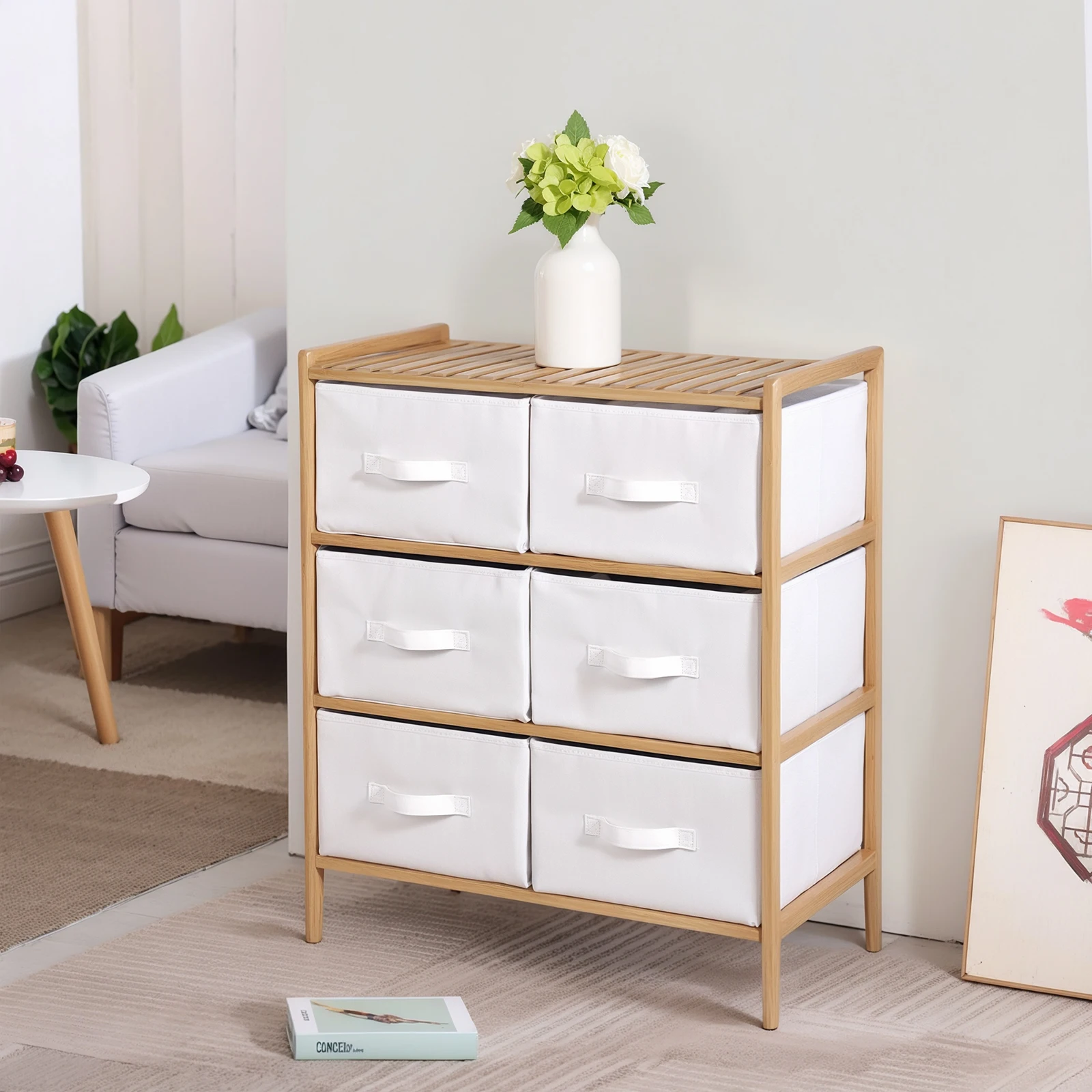 

Clothes Storage Box Pull Out Wooden Shelf Furniture with 6 Baskets Sundries Organizer Shelf Multifunctional for Home Storage