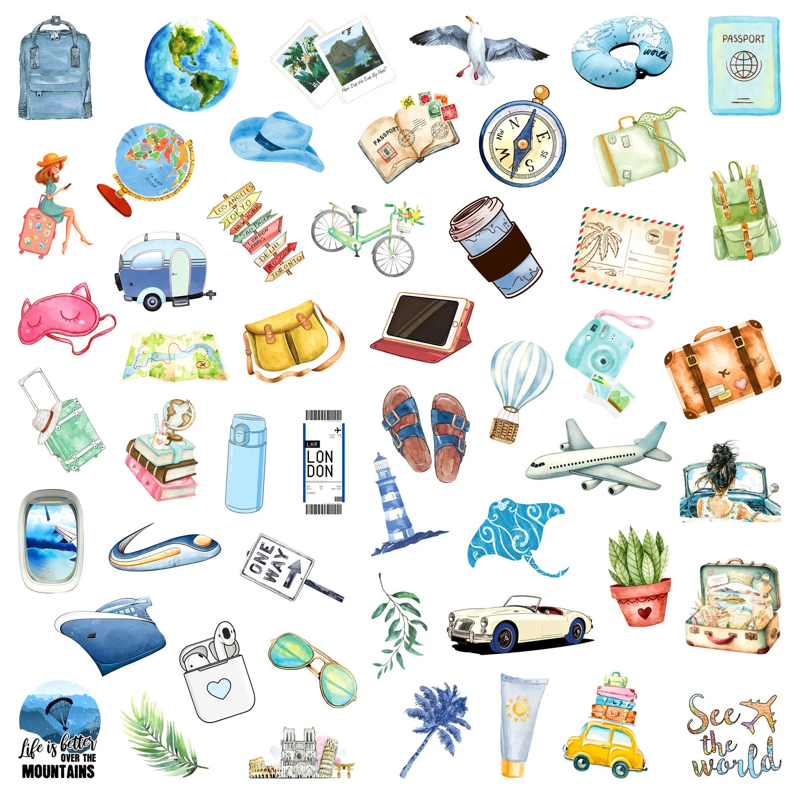 50 قطعة من ملصقات السفر الخارجية الكرتونية المقاومة للماء على طراز الكتابة على الجدران لتزيين حقيبة الكمبيوتر المحمول ولوح التزلج على الجيتار