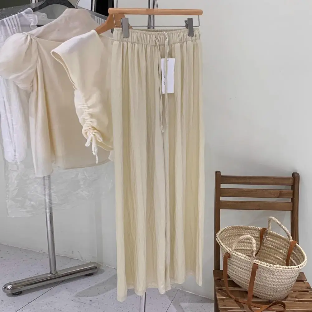 Elastic Waist Ice Silk Pants Stylish Women's Elastic High Waist Drawstring Pants Solid Color Straight Wide Leg Trousers in Ice