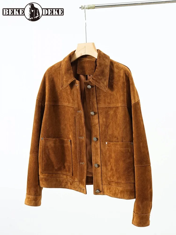 Office Ladies Top Quality Sheep Suede Jacket Single-breasted Womens Real Leather Short Casual Outerwear Pocket Autumn Loose Coat