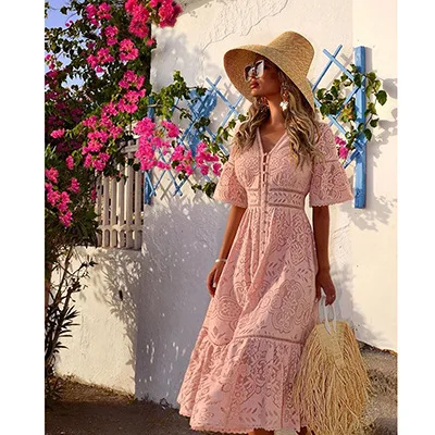 

customized women's adult fashion evening gown V-neck short sleeved hollow out single breasted lace dress new style party dresses