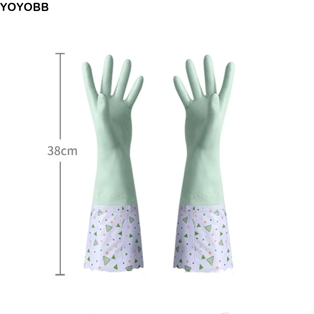 Latex Rubber Dish Washing Gloves Elastic Cuffs Waterproof Winter Cleaning Gloves Velvet Long Sleeve Housework Gloves Kitchen