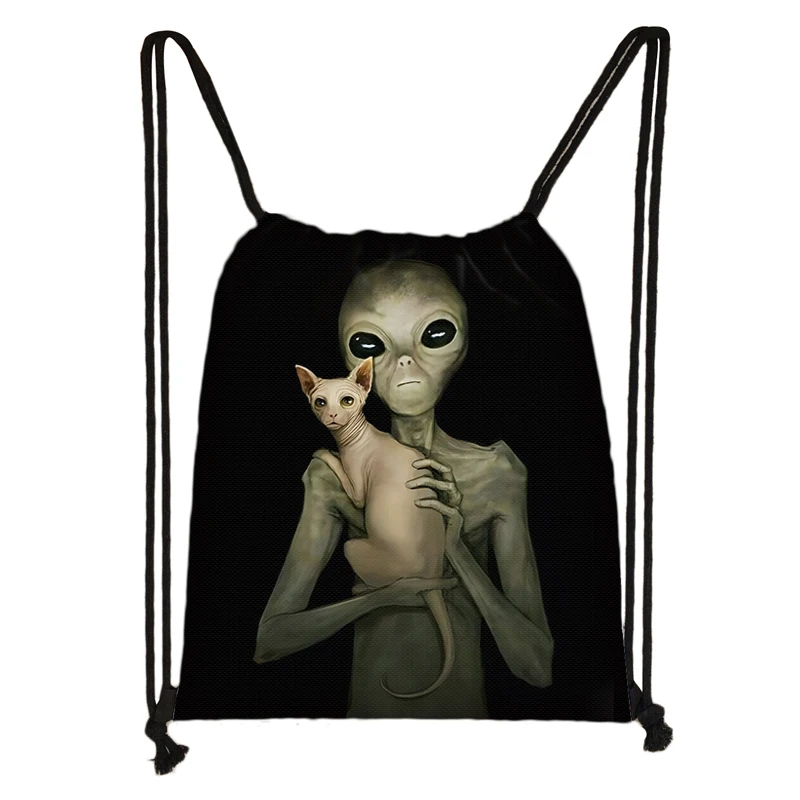 Funny Alien UFO Print Backpacks Space Creature Drawstring Storage Bag Large Capacity Shoulder Bags Casual Daypack Shoes Holder