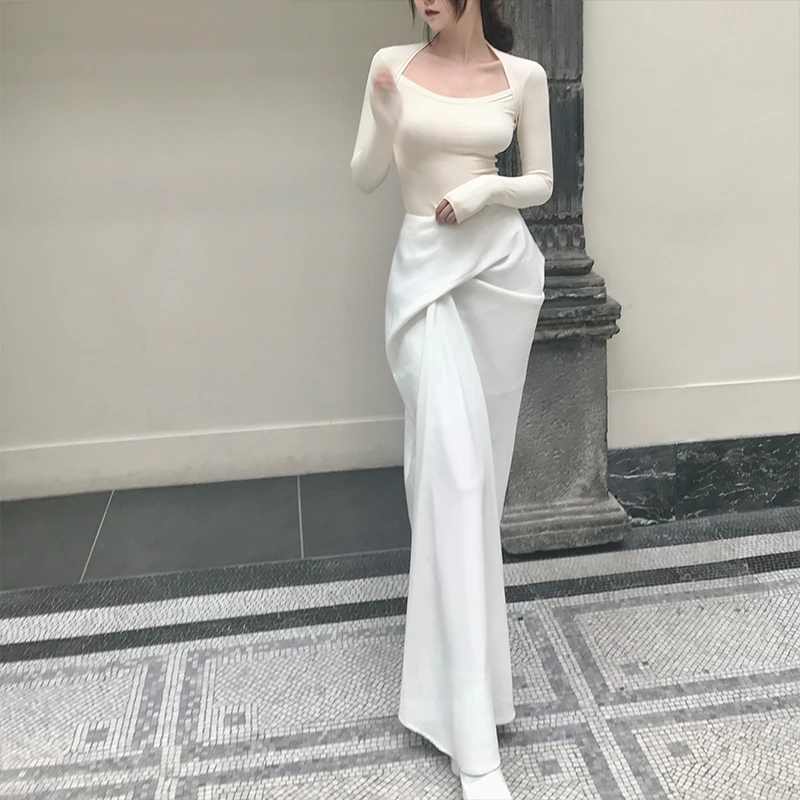 

Белая плиссированная длинная юбка с высокой талией GYOKUU, элегантный простой стиль, из смеси полиэстера и спандекса, макси-юбка для женщин