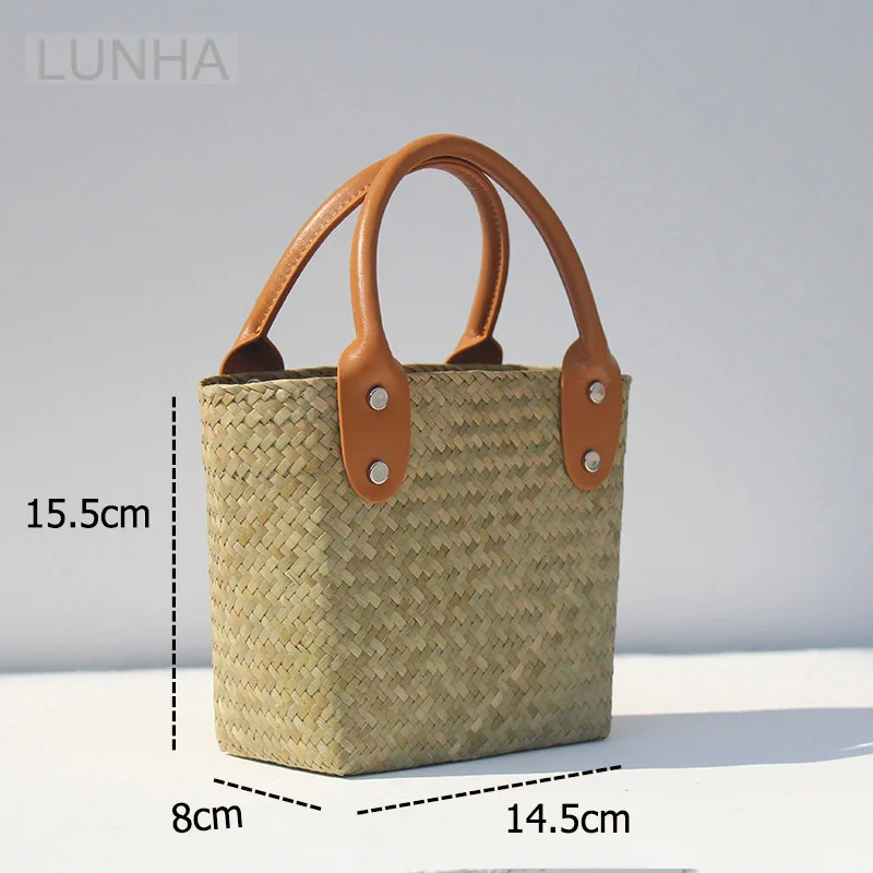 Women Top-Handle Small Bucket Handbag Handwoven Natural Seaweed Straw Mini Beach Bag Tote for Vacation