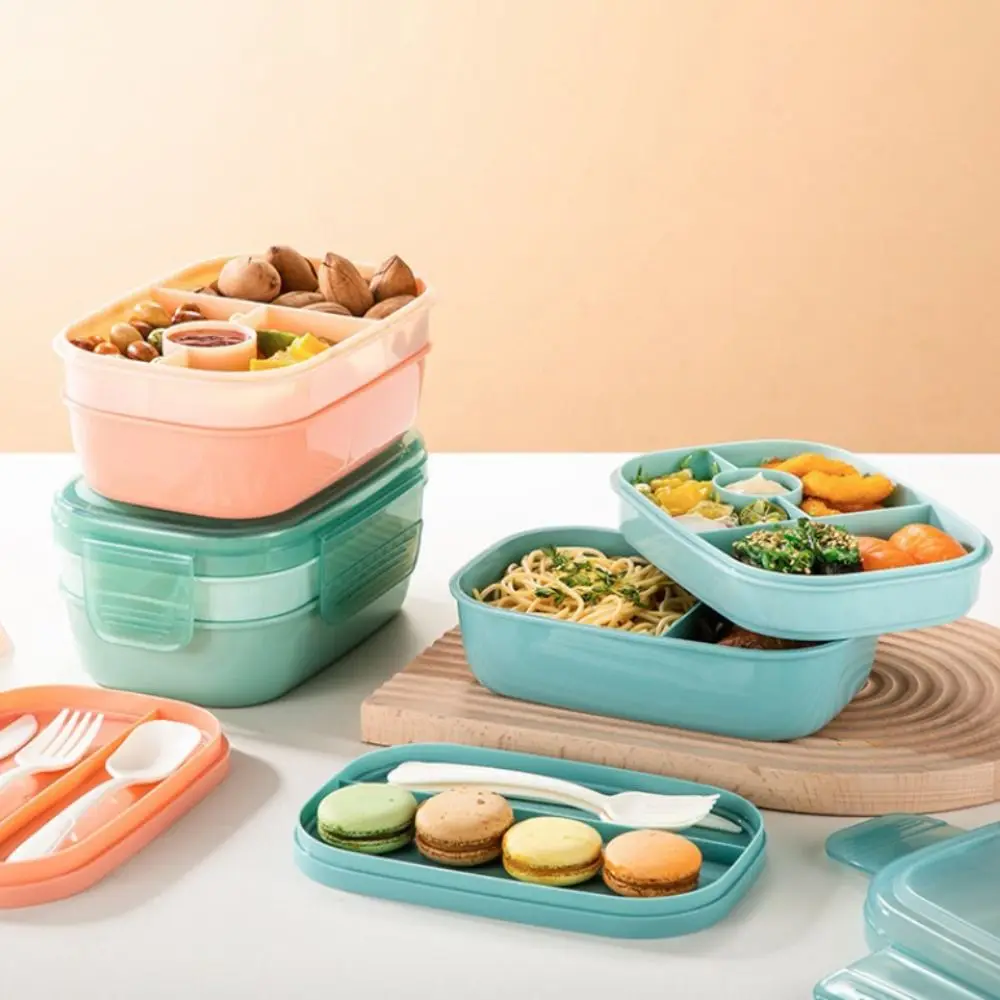 

Portable 3 Layer Student Lunchbox Leak-Proof with Utensil Lunch Container with Sauce Container Heat Resistant Salad Box Worker