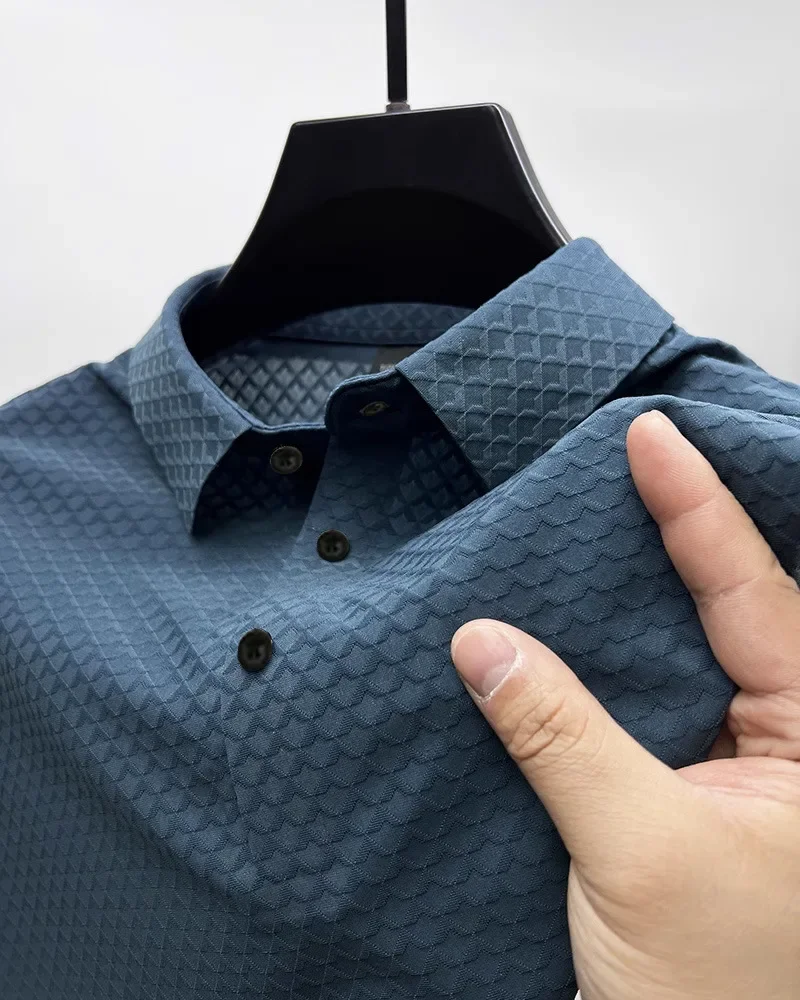 Camisa polo de seda gelo manga curta masculina, camiseta de malha high-end, pulôver respirável, cor sólida, esportes de lazer, alta qualidade