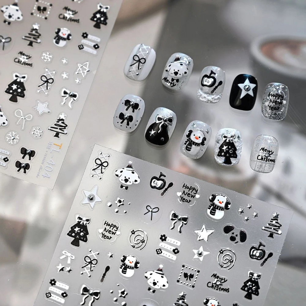 

Cute Cartoon Christmas Tree Snowman Dog Bowknot Black White 5D Embossed Nail Art Stickers Snowflake Xmas Lovely Manicure Decals
