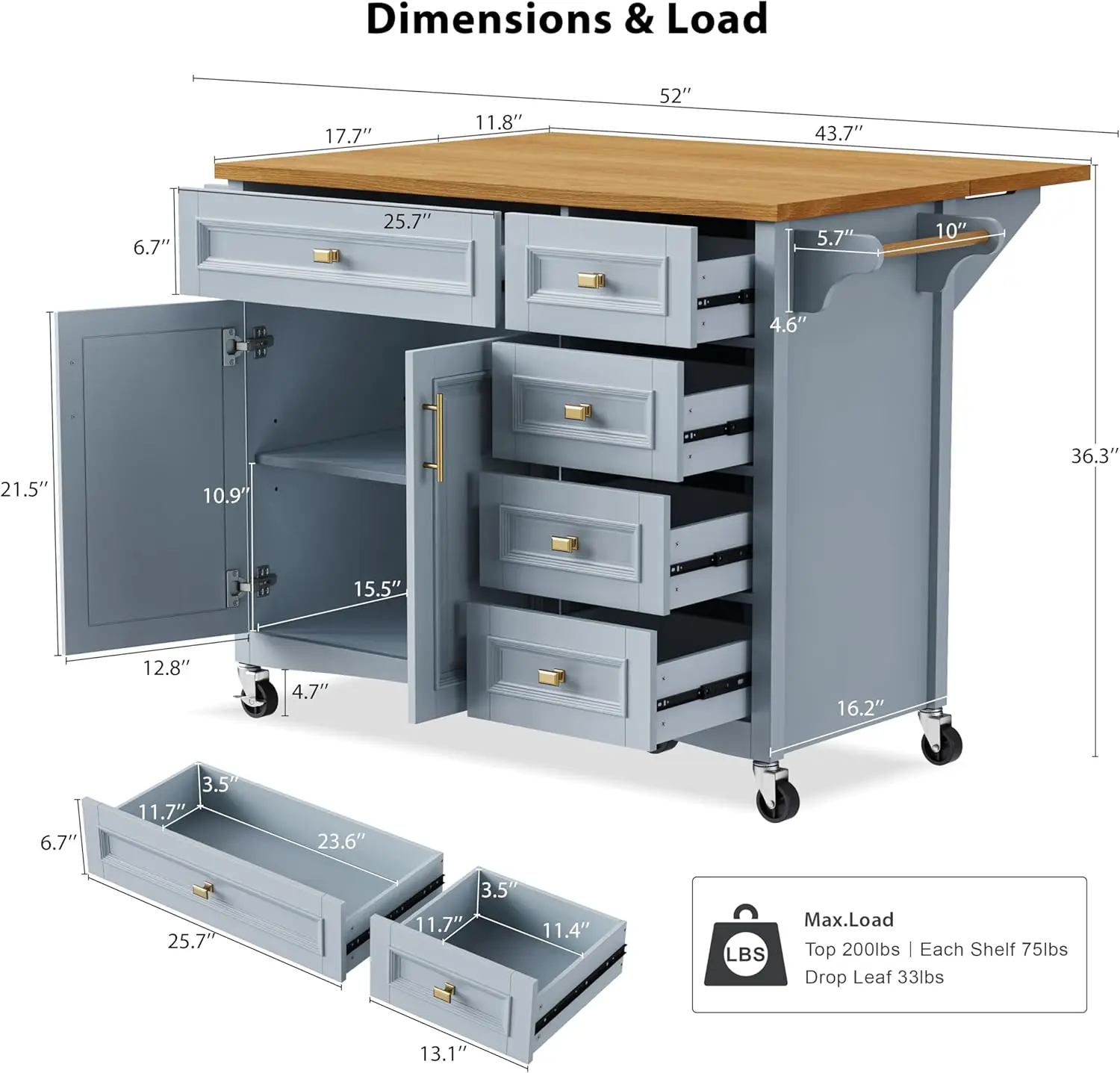 Ilha de cozinha de 52 '' com folha suspensa e 2 portas e 5 gavetas, carrinho de cozinha de madeira com suporte para temperos e toalheiro, cozinha móvel Isla