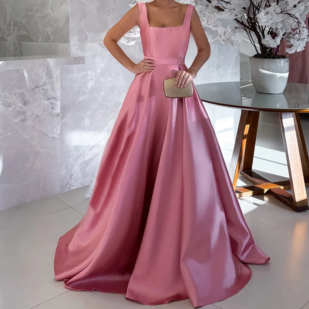 

Dubai Evening Caftan Dress Square Neck Straight Satin Pleats Sleeveless Floor Length Sweep Train Solid Color Quinceanera Gowns