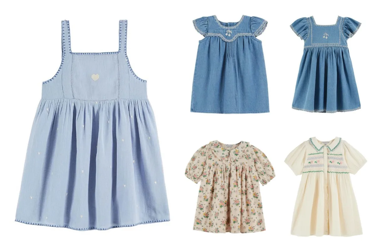 ชุดเด็กผู้หญิง 2025ss ใหม่ EM เด็กวัยหัดเดินเด็กทารกน่ารักเย็บปักถักร้อยพิมพ์แขนสั้น DENIM ชุดเจ้าหญิง