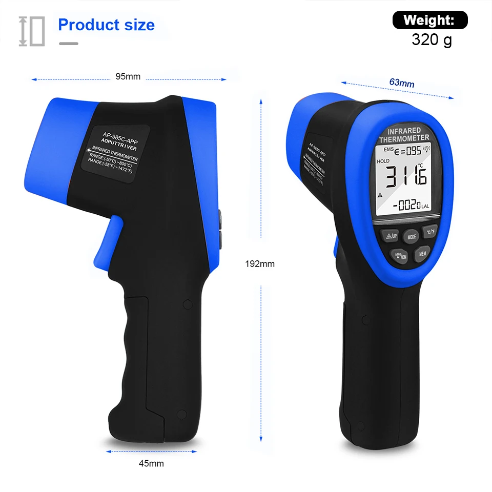 Infrared thermometer,digital laser temperature measurement device infrared16:1instantaneous reading pyrometer Bluetooth 985C-APP