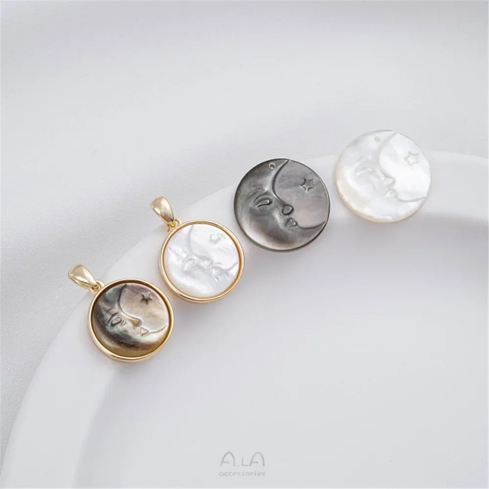 

14-каратное золотое покрытие, инкрустированное натуральными белыми ракушками-бабочками, резные звезды и луны, круглая подвеска, ожерелье, ювелирные изделия своими руками