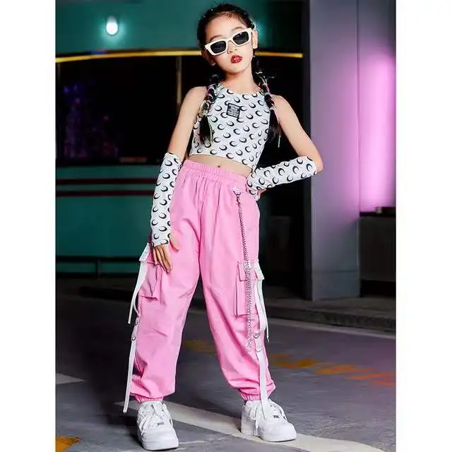 Conjuntos de ropa de baile callejero para niña, traje de k-pop, Tops cortos, pantalones Cargo, disfraz de rendimiento rosa, ropa de baile callejero