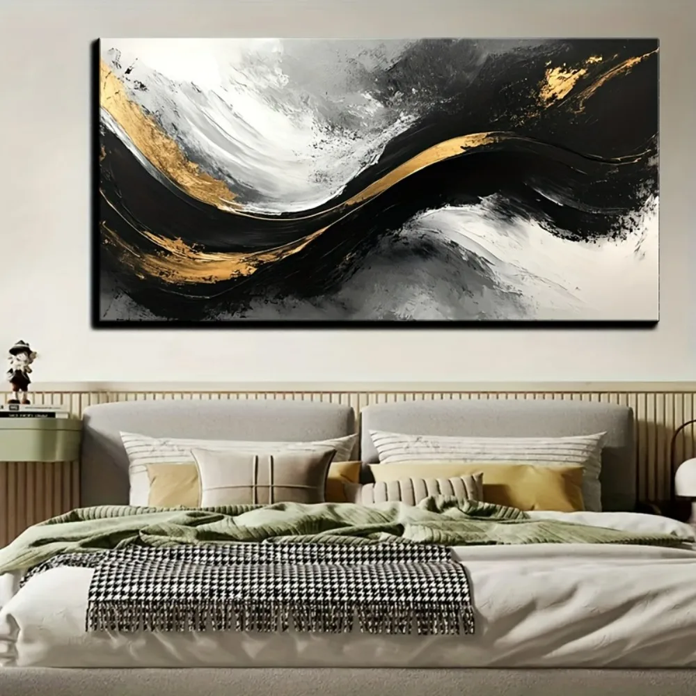 

Modern abstract gold wall art - black gold canvas in living room, bedroom and kitchen, framed in 1.5 "thick pine solid wood