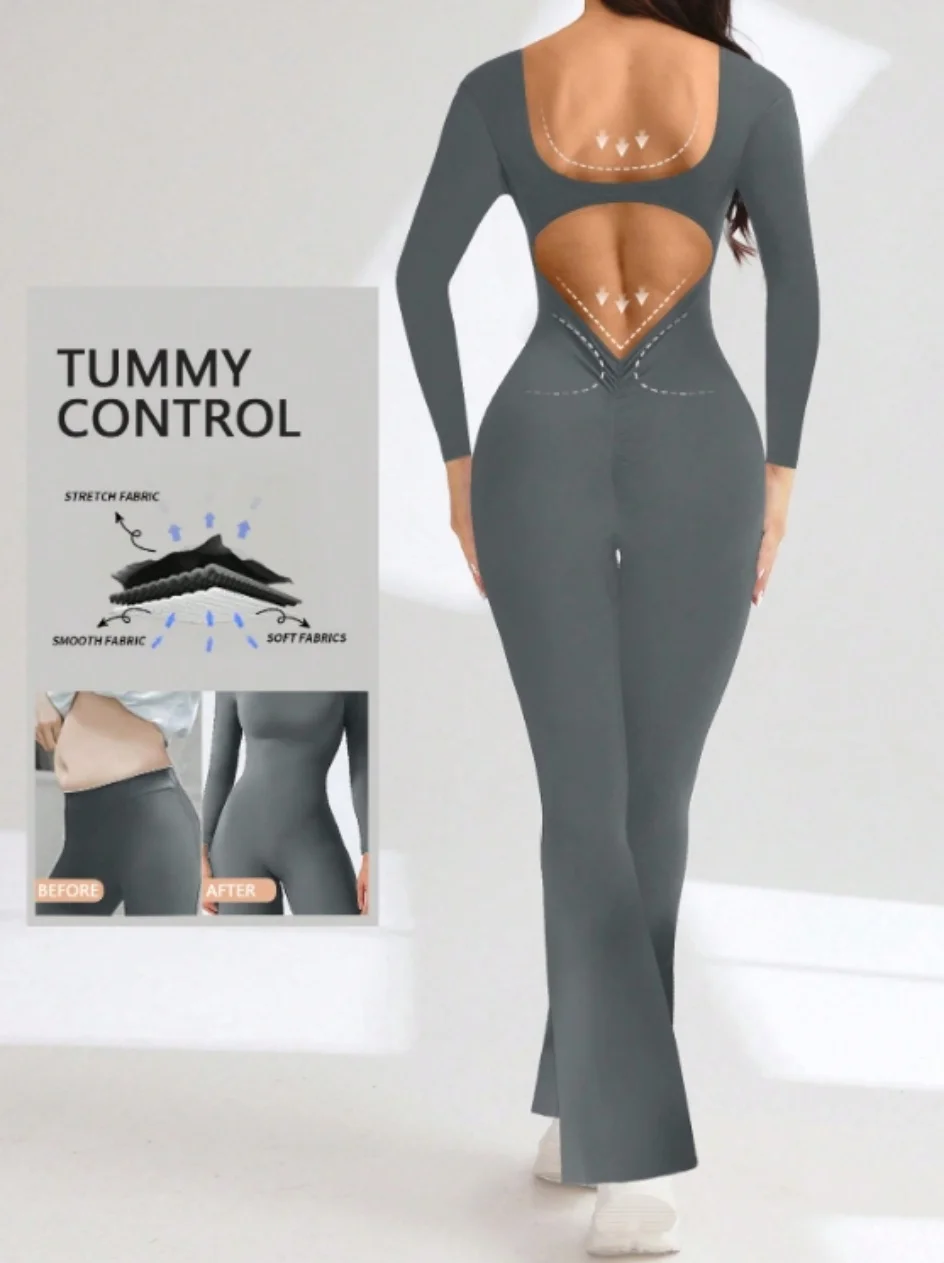 High quality solid color long sleeved compression exercise jumpsuit women's sportswear bell bottom pants sexy push up yoga set image 3