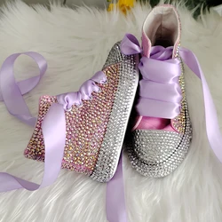 Handmade Rhinestones Bling Girls Womens Kids And Mother Candy Canvas Shoes Pearls Sneakers For Girl Birthday Party Wedding