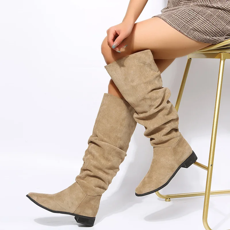 New High Quality Pleated Boots Women Black Nude Faux Suede Flock Knee High Boots Ladies Flat Autumn Winter Dress Shoe