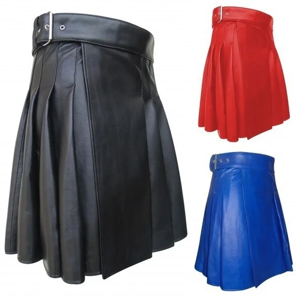 Men's Scottish Festival Skirt PU Leather Pleated Skirt Activity Skirt Straight Leg Jeans Button Decoration Iron-Free mid Waist
