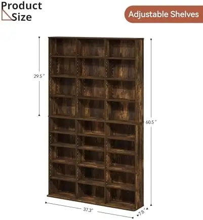 DVD Storage Tower with Adjustable Shelves, 9-Tier DVD Rack Tower for CDs, DVDs, Blu-Rays, Video Games, Rustic Brown