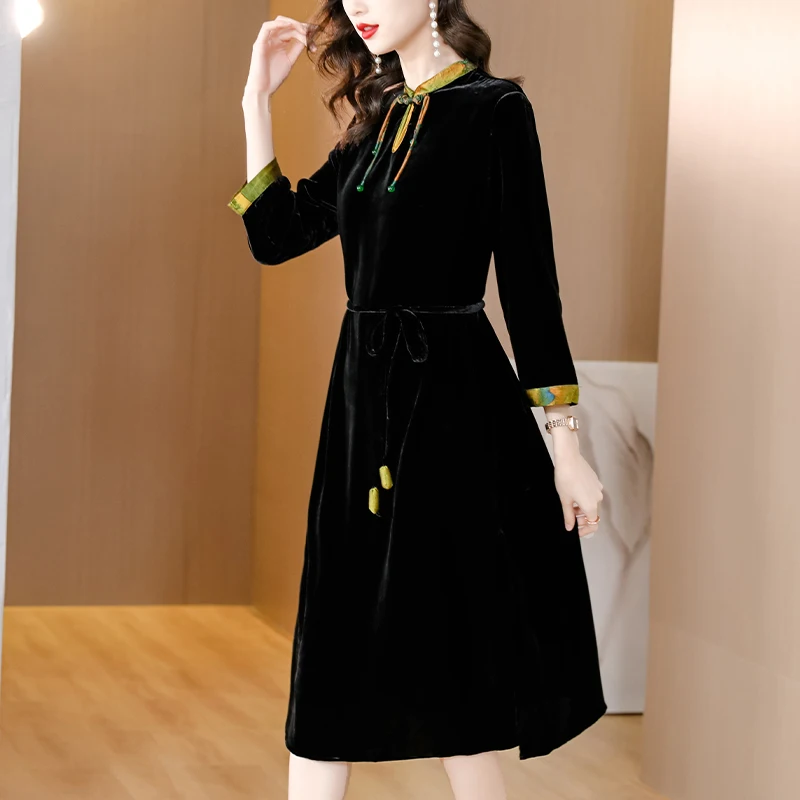 

Autumn Vintage Versatile Velvet Dress For Women 2023 New Fashion Silk Pullover with French Loose Fit and Slim Vesidos