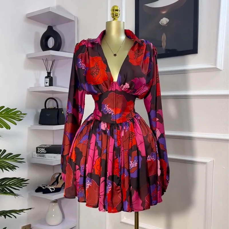 

Sexy Floral Print Lantern Sleeve Mini Dress Woman High Waist Backless Ruched A-line Club Party Short Dresses Vestidos Para Mujer