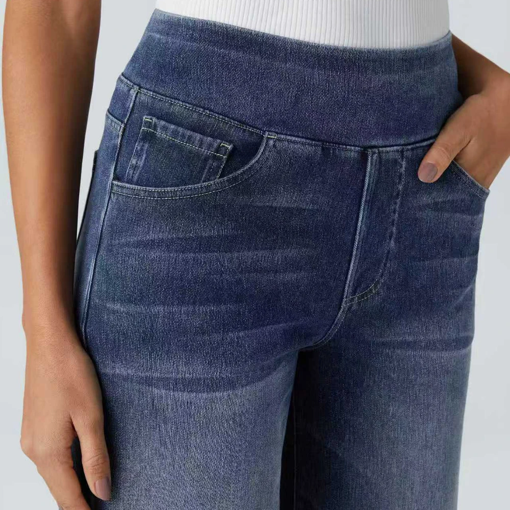 Shascullfites Damen-Jeans mit hoher Taille, dehnbar, dunkelblau, lässig, locker, weit geschnitten, Baggy-Jeans, dünne Schlagjeans – Detail 5
