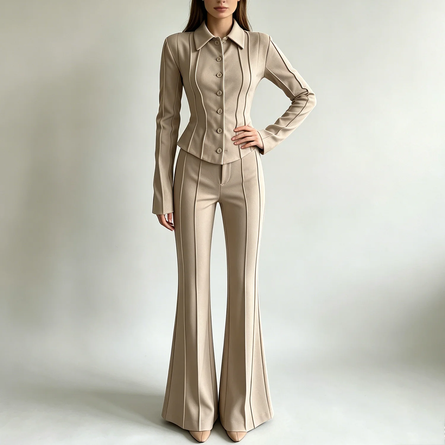 Conjunto de Dos Piezas LIMO Primavera/Verano 2026: Blazer con Solapa y Cintura Ajustada de un Solo Botón y Pantalones Acampanados de Color Sólido
