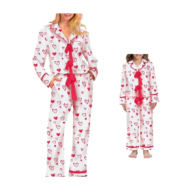 Lamuusaa Mommy and Me Matching Pajamas Valentines Day Heart Print Tie Front Bow Long Sleeve Tops and Pants Family Loungewear