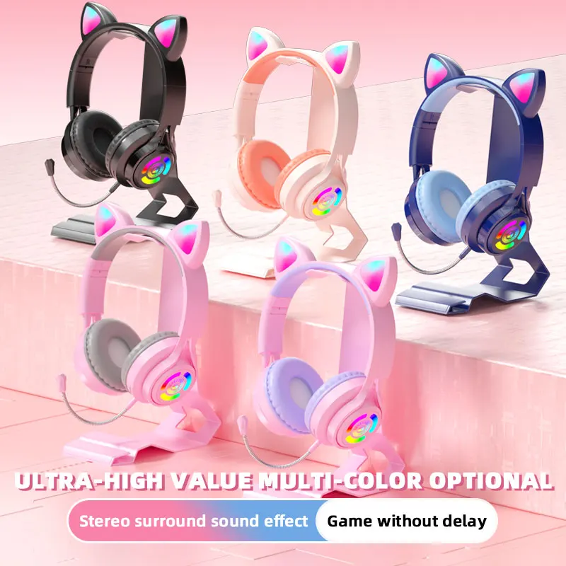 Cat Ear Gaming Headset With RGB Lighting For PC Computer iPad Noise Reduction Headphones With Microphone Children Christmas Gift