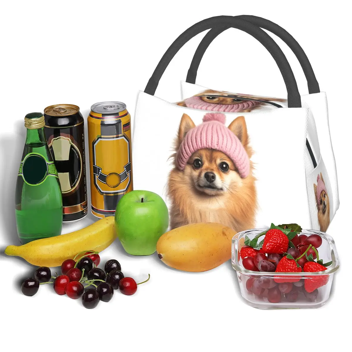 Cozy Pomeranian Dog Wearing Pink Winter Hat Insulated Lunch Bag for Women Bento Storage Food Boxes Cooler Thermal Lunch Box Tote