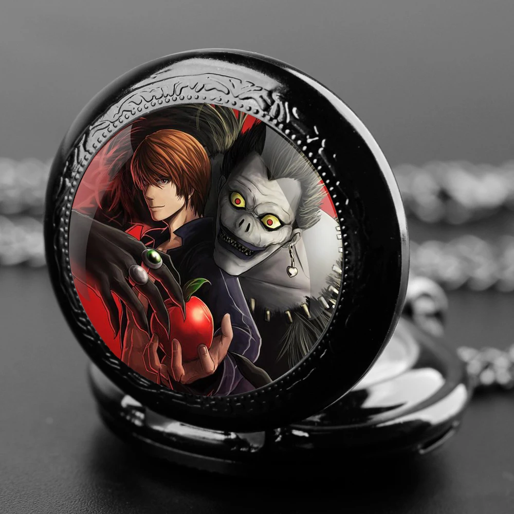 Death Note Design Glass Dome Quartz Pocket Watch With Durable Chain Arabic Numeral Dial For Men And Women Creative Gifts