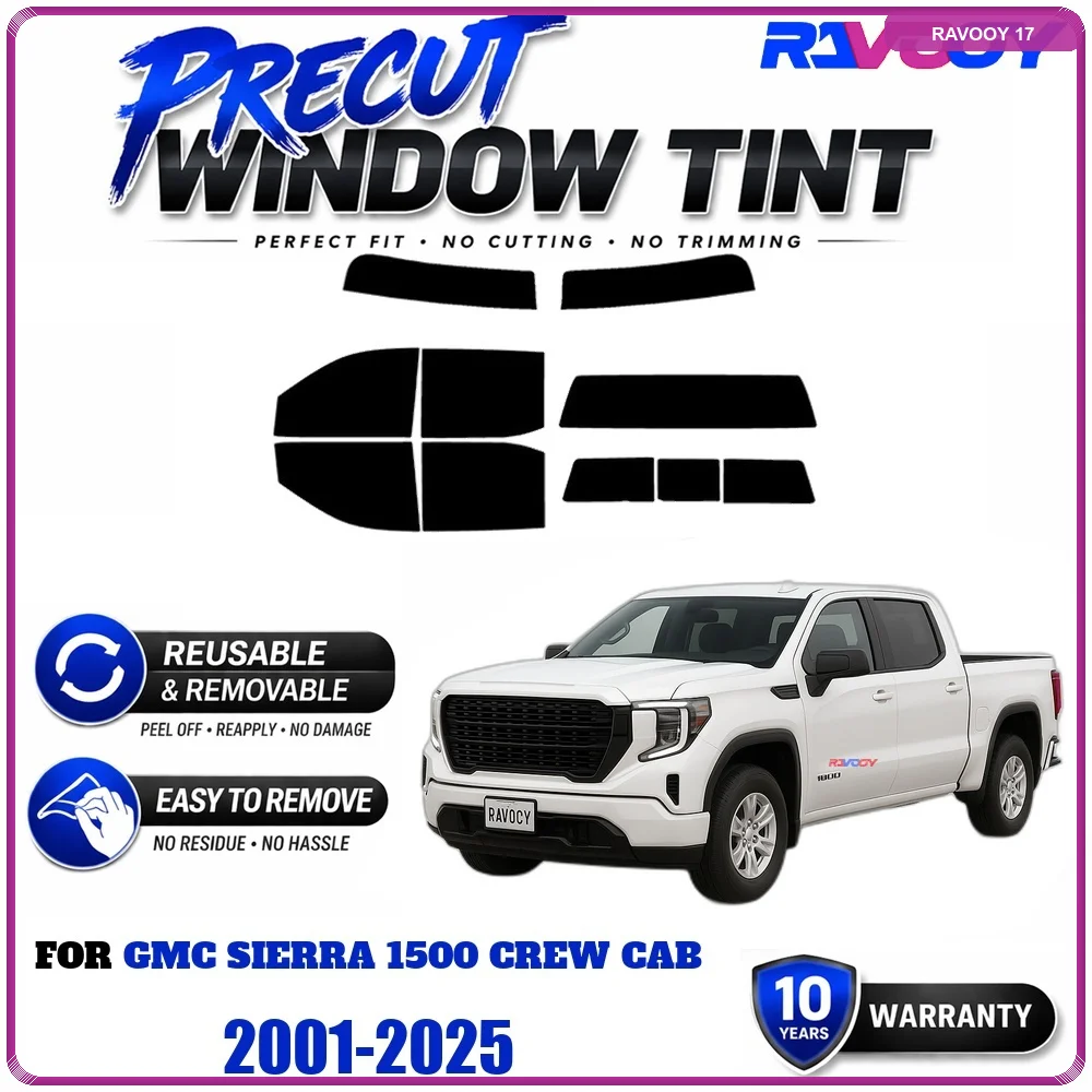 RAVOOY Precut Window Tint, Reusable Removable EPU Film, Custom Fit for Gmc Sierra 1500 Crew Cab 2001-2025, UV Heat Protection