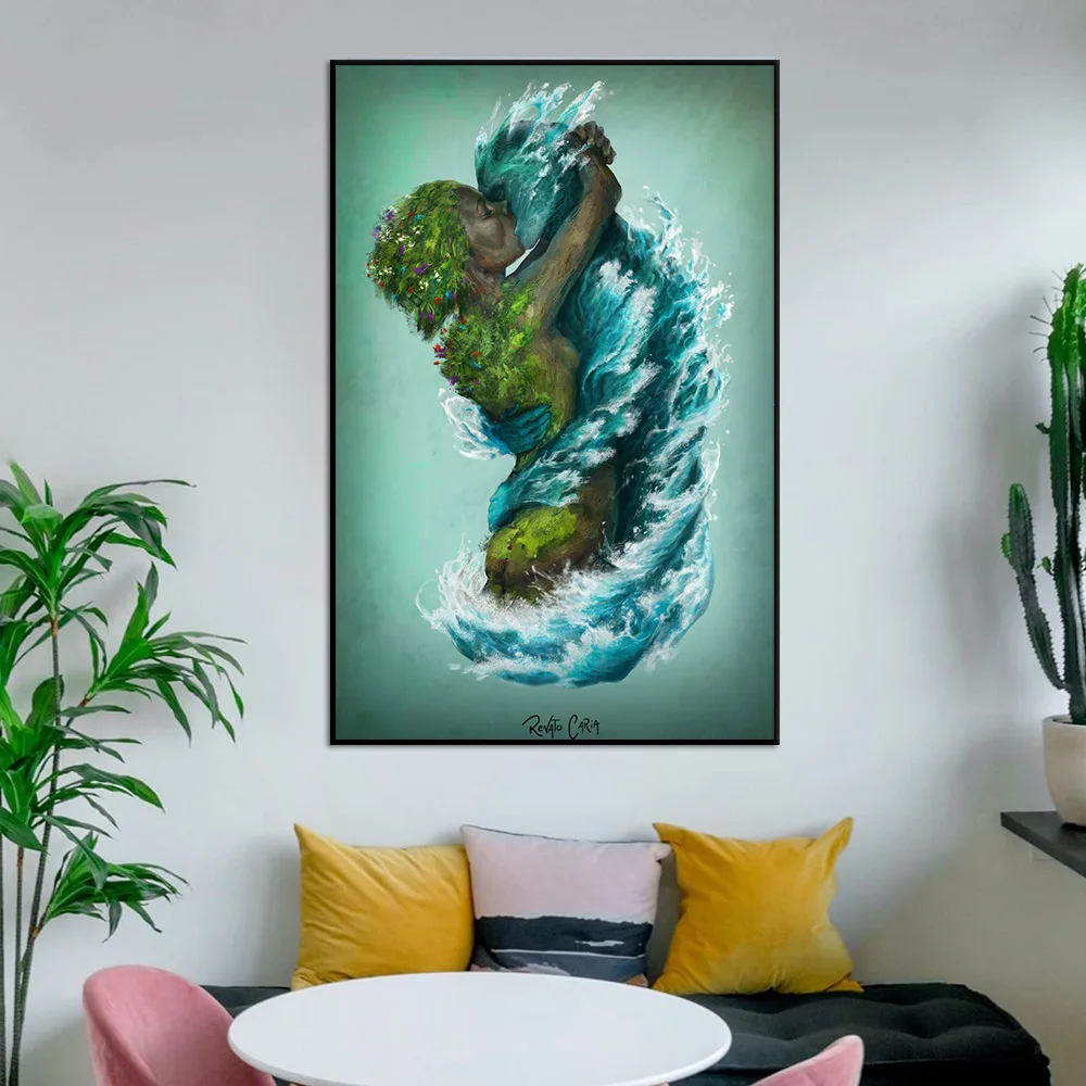 

Sea and Land Couple Kiss Wall Art Poster, Abstract Surrealism Canvas Painting Print, Fantasy Picture, Living Room Decor Cuadros