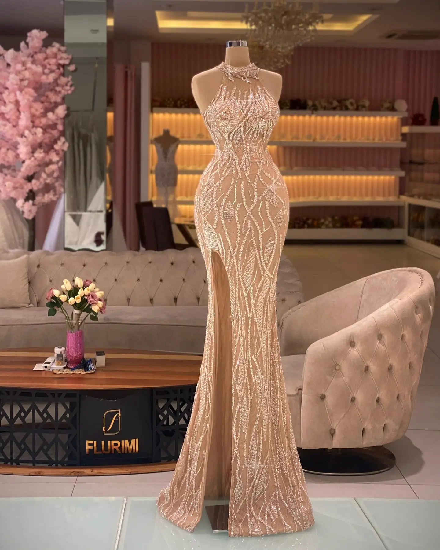 Elegant Halter Mermaid Evening Dresses Sleeveless Beads Split Prom Dress With Detachable Train Formal Party Gowns