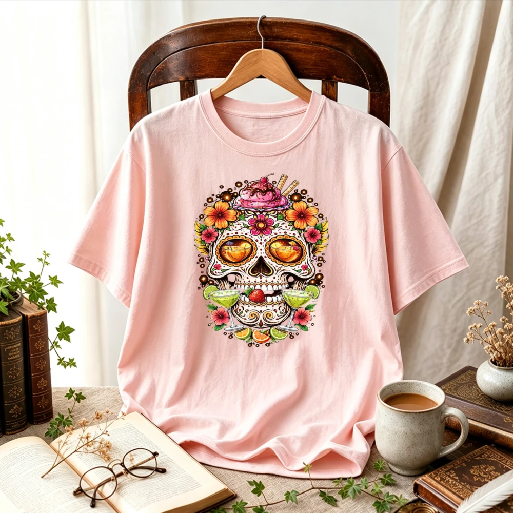 Fun Cocktail Sugar Skull Margarita Drinks Ice Cream Tropical Floral Dia De Los Muertos Colorful Mexican Folk Art Cotton T‑Shirt